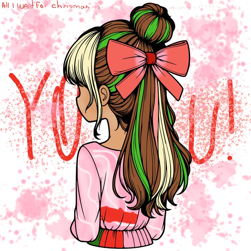 realistic girl  with hip length hair a bun and a big bow on the back of head