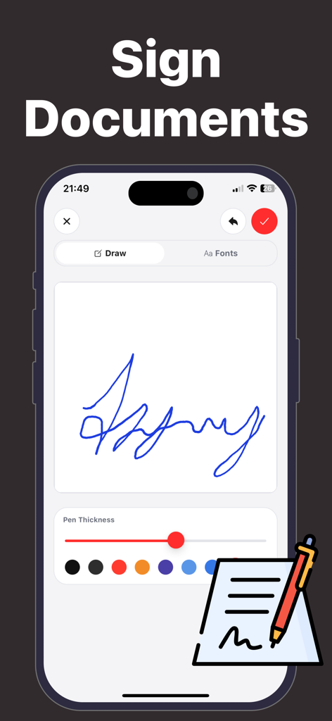 Signature Scanner: Sign PDF - Mobile app interface for drawing a handwritten digital signature with custom pen thickness and color options