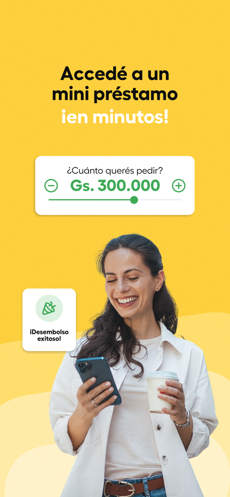 Vaquita - Interfaz de la app Vaquita mostrando una solicitud de mini préstamo con una notificación de desembolso exitoso y un usuario feliz.