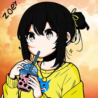 manga character drinking boba