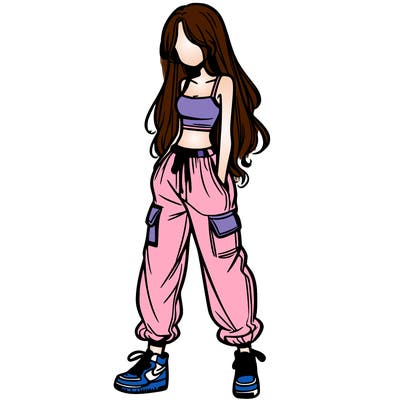 girl in baggy pants crop top and long hair