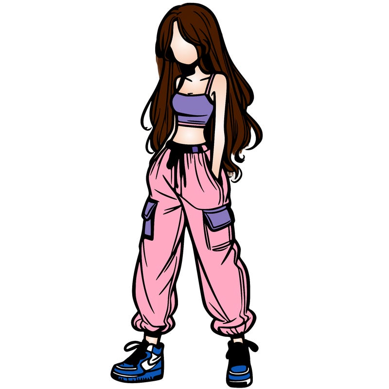 girl in baggy pants crop top and long hair