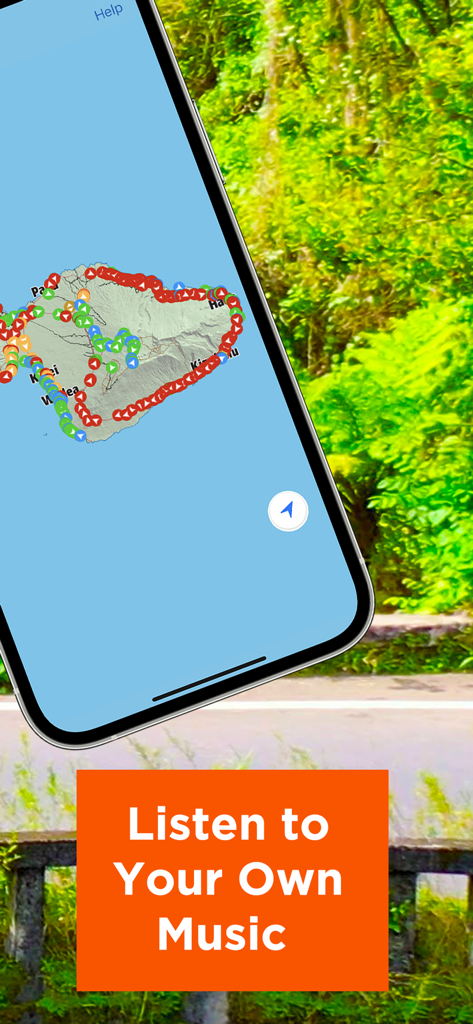 Smartphone screen showing a map of Maui with tour waypoints and a feature banner to listen to your own music