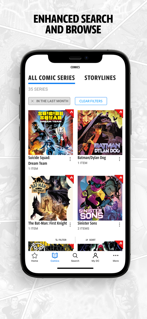 DC UNIVERSE INFINITE - Interfaccia dell'app DC Universe Infinite che mostra i risultati di ricerca e navigazione delle serie di fumetti con filtri