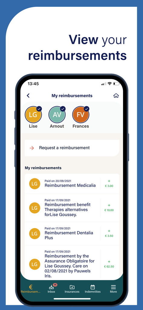 Smartphone screen of My Helan app displaying a list of health insurance reimbursements for family members