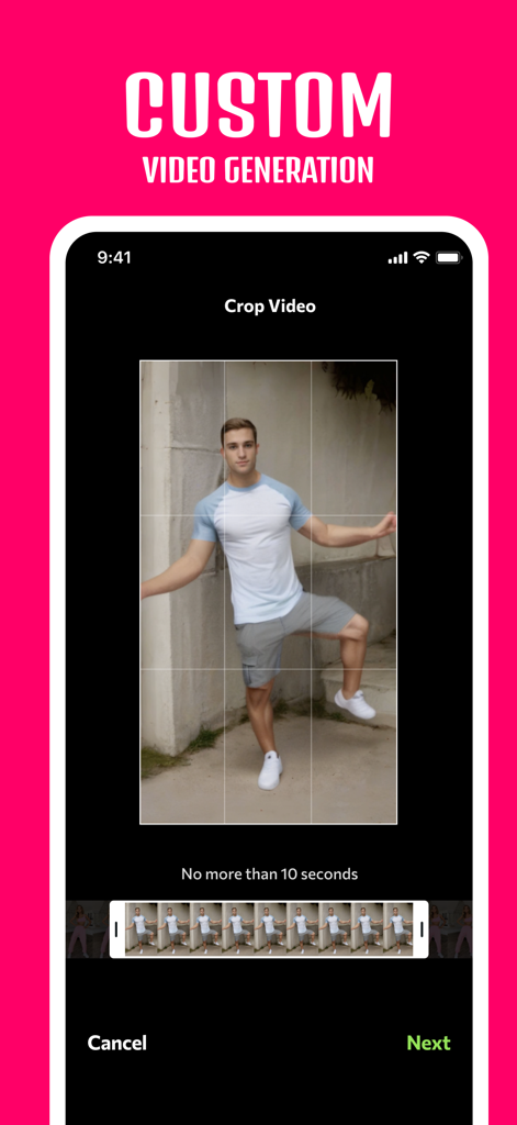 Custom video generation interface in the Photo Dance app showing a man dancing in a crop tool