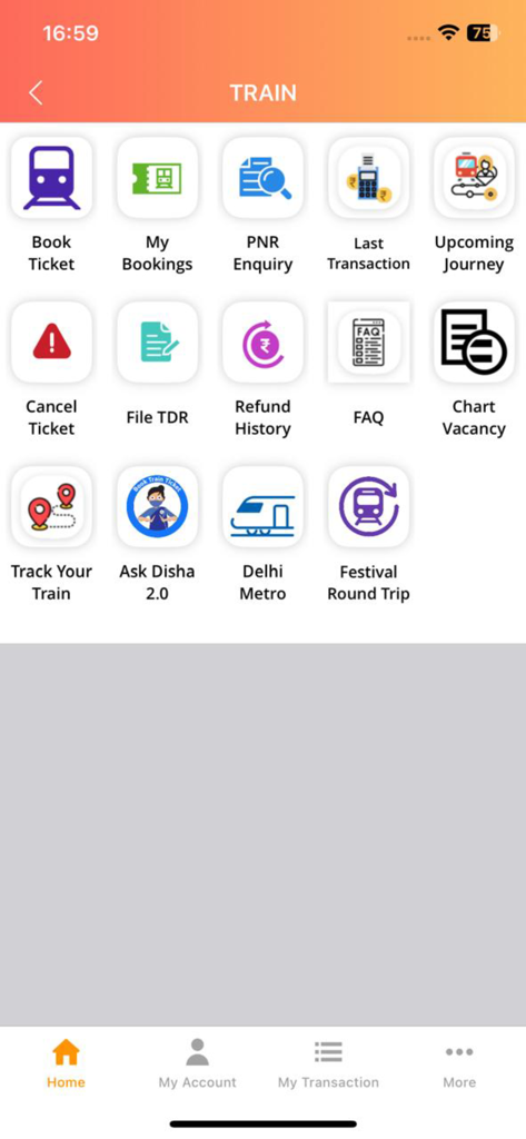 IRCTC Rail Connect app dashboard with options for booking tickets, PNR enquiry, and tracking trains