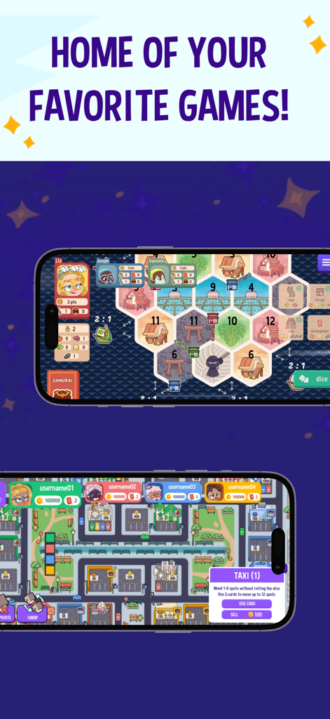 Boardible: Mobile Board Games - Two smartphones showcasing different modern and classic board games available in the Boardible app