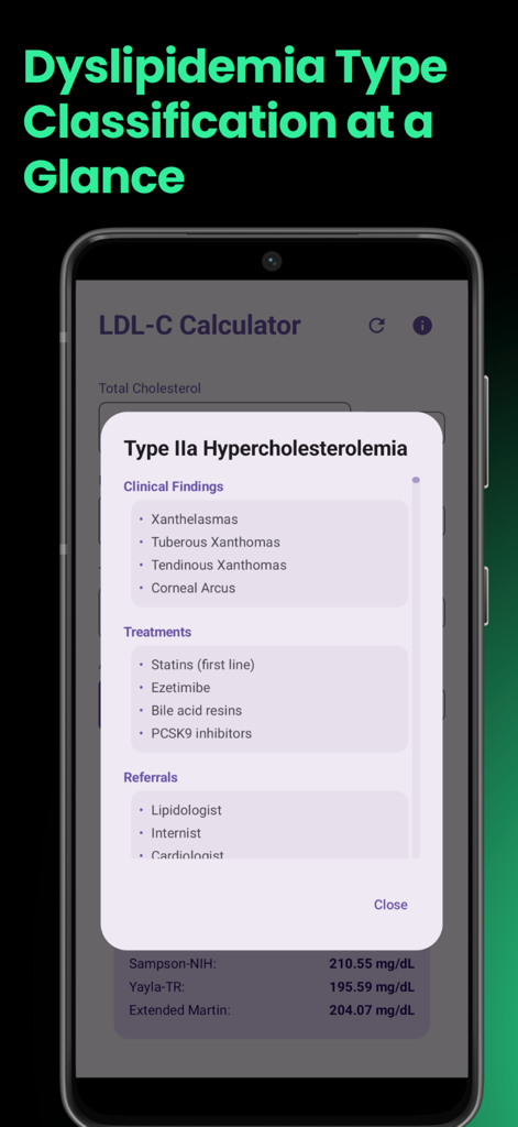 Uma tela de aplicativo móvel exibindo a classificação do tipo de dislipidemia com achados clínicos detalhados, tratamentos e encaminhamentos para Hipercolesterolemia Tipo IIa.