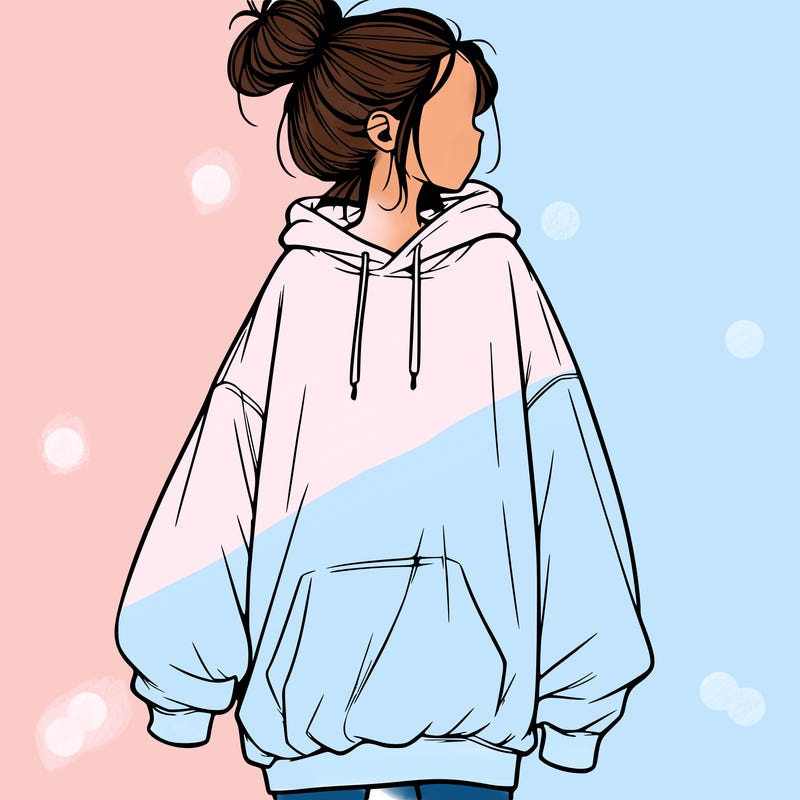 realistic girl with a oversized sweatshirt on and a bun
