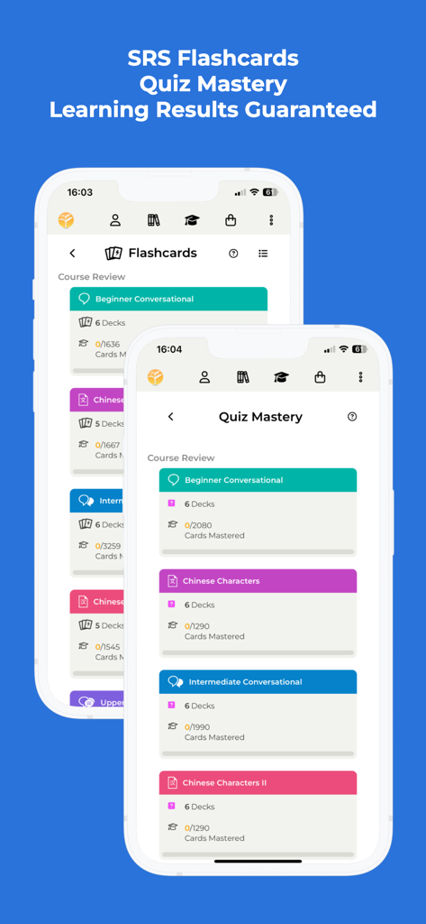Yoyo Chinese: Learn Chinese - Two mobile screens displaying Yoyo Chinese SRS flashcards and quiz mastery progress for beginner and intermediate levels.