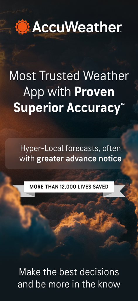 AccuWeather app promotional screen highlighting superior accuracy and hyper-local forecasts