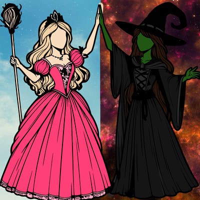 detailed realistic split of a princess and a witch