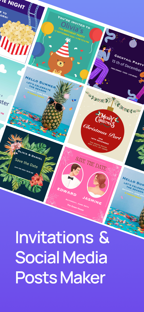Invitation Maker |Card Creator - Uma coleção de modelos de convites coloridos para aniversários, casamentos e posts de mídia social