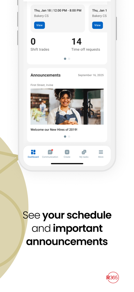 Restaurant365 App-Dashboard mit Arbeitsplan und Unternehmensankündigungen