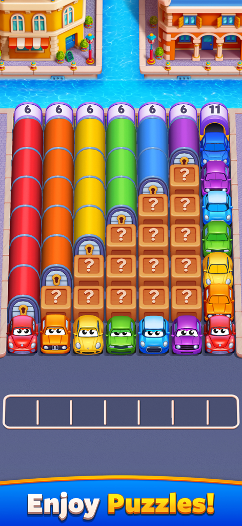 Colorful cars and mystery boxes in a car match puzzle game