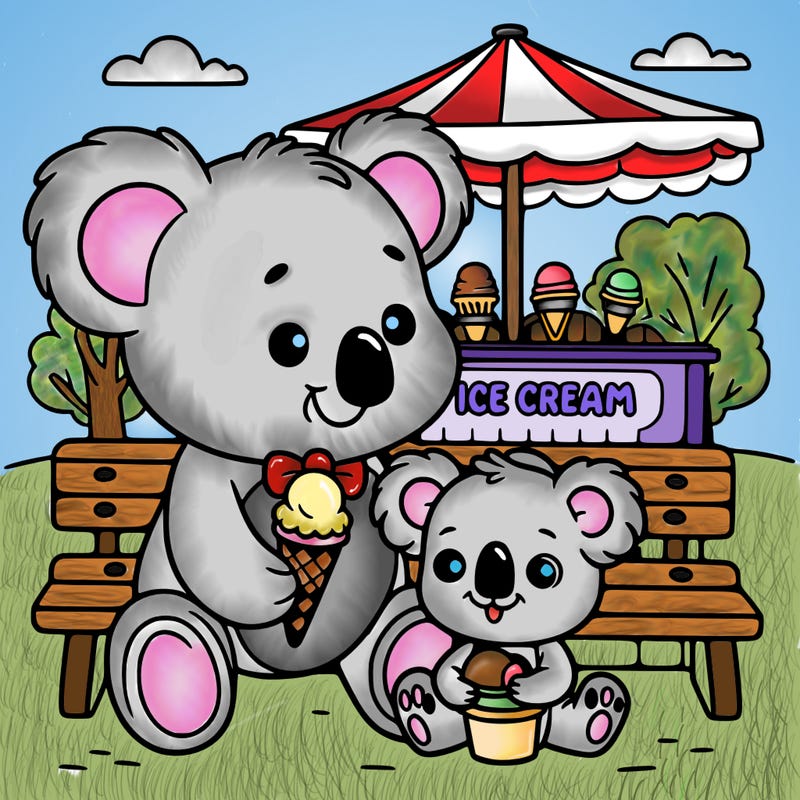 a cute teddy bear and baby koala staged in a park at an ice cream stand