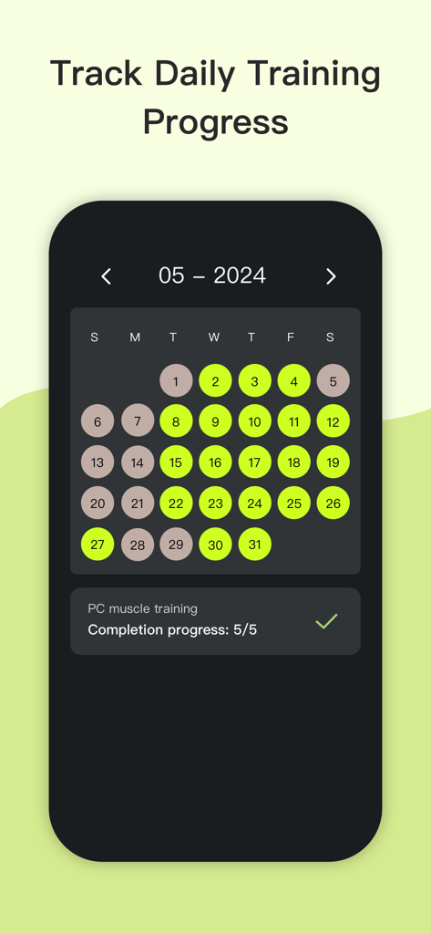 Mr.K - Longer lasting sex - Un écran d'application mobile montrant un calendrier avec les sessions d'entraînement quotidiennes du muscle PC complétées et une coche de progression.