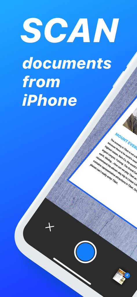 Nova Scanner app interface showing a document being scanned on an iPhone