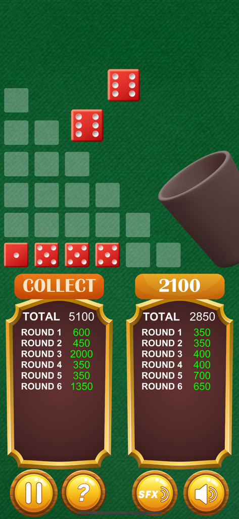 10000 Dice game Pro - Gameplay screen of 10000 dice game pro showing red dice and scores on a green felt background