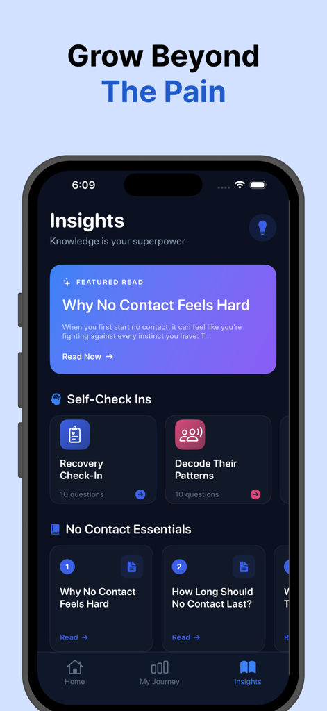 No Contact Breakup Tracker AI - A mobile interface of the No Contact Breakup Tracker AI app showing the Insights screen with articles and self-check-in modules for breakup recovery
