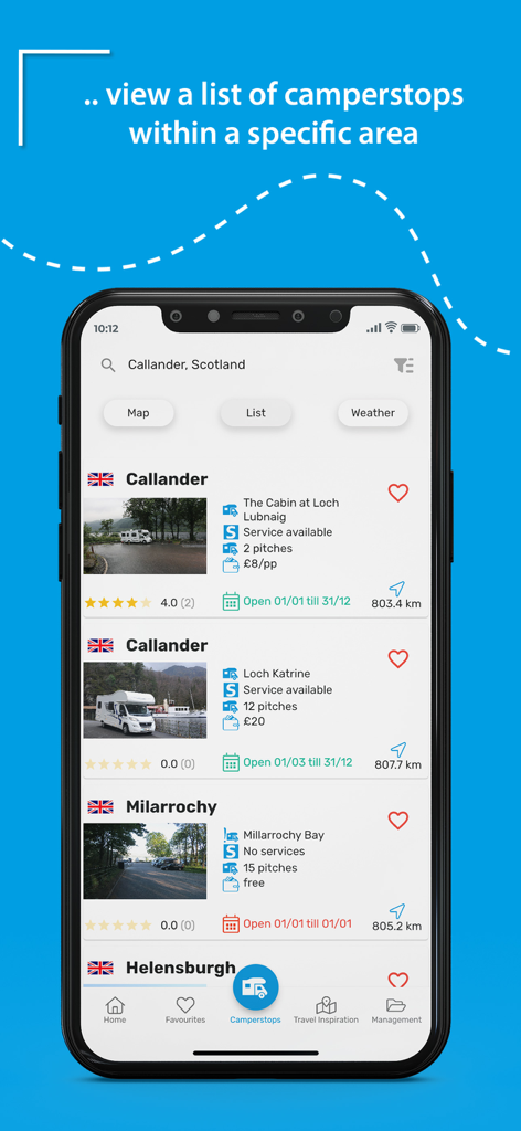 Mobile app interface showing a list of motorhome stopovers in Scotland with photos and service details