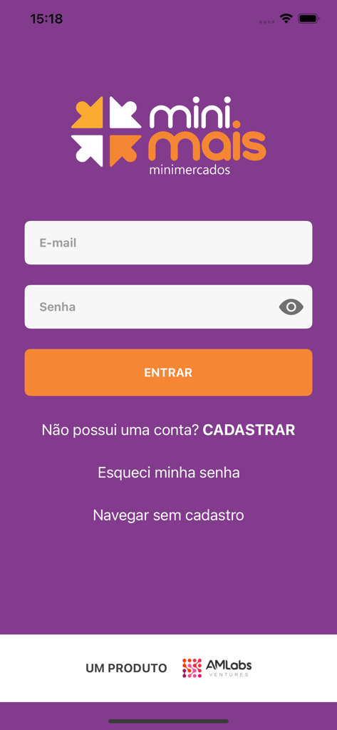MiniMais Minimercados - Interfaz de inicio de sesión de la aplicación MiniMais Minimercados con campos de correo electrónico y contraseña sobre un fondo morado
