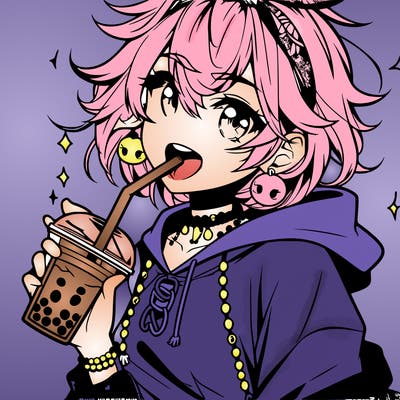 hot baddie anime girl drinking boba and biting the straw