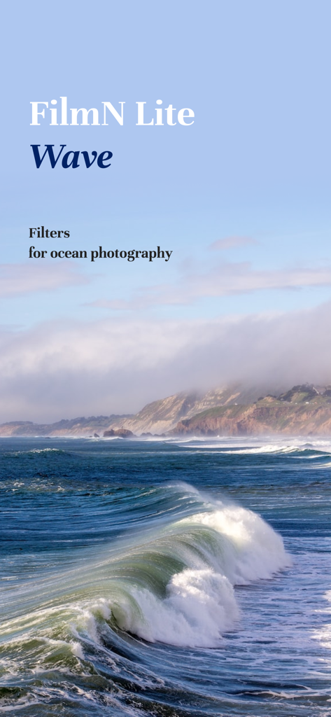Écran d'accueil de l'application FilmN Lite Wave avec une grande vague océanique déferlante et des falaises côtières
