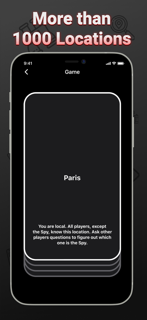 Spy - board card party game - App screen for Spy board party game featuring a Paris location card and player instructions.