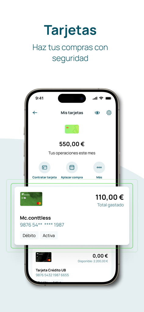 La pantalla de gestión de tarjetas de la aplicación de banca móvil Unicaja que muestra los detalles de la tarjeta y los gastos.