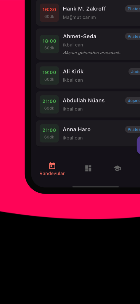 Takvim -  Randevu Takip - Digital appointment calendar showing a list of scheduled client sessions in a dark mode mobile interface