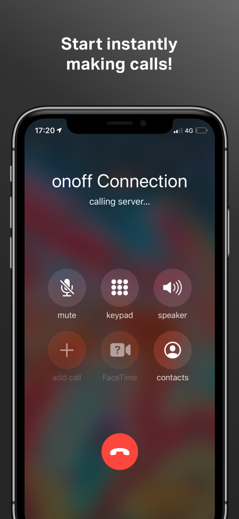 A smartphone screen displaying the active calling interface of the Onoff Business app with options for mute, keypad, and speaker.