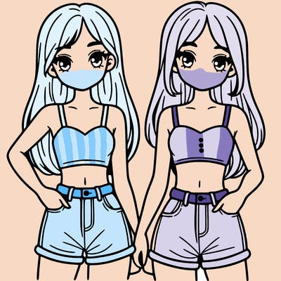 two sisters with crop tops and jean shorts and straight hair