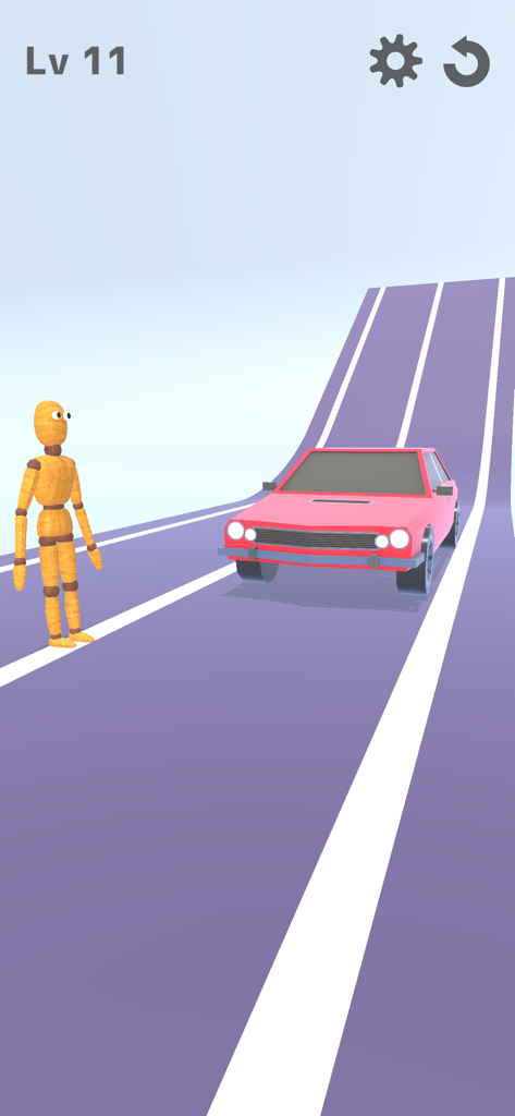 Ragdoll Break: Let's destroy! - Gameplay of Ragdoll Break showing a wooden mannequin and a pink car on a purple track
