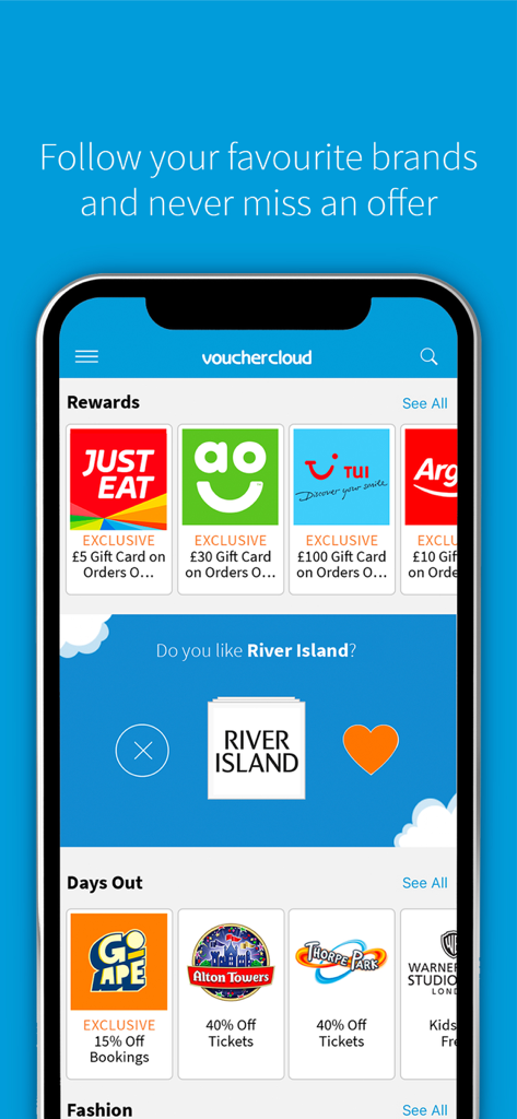 vouchercloud: vouchers offers - Interfaz de la app vouchercloud mostrando recompensas de marcas como Just Eat y AO junto con una función para seguir tiendas favoritas y recibir ofertas personalizadas