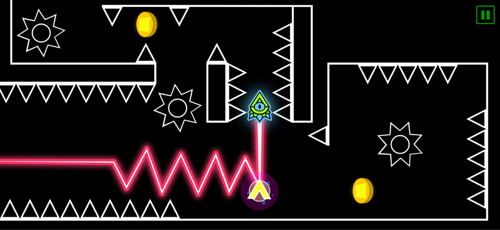 Uma seta ciano brilhante navega por espinhos geométricos brancos e obstáculos em um nível escuro de Wave Dash.