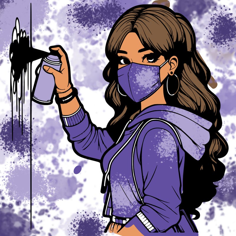 realistic girl with mask spray painting a wall