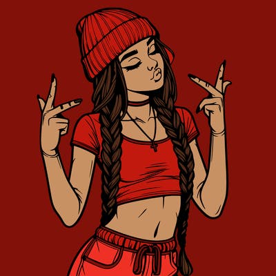 realistic teenage girl with braids and a beanie and crop top doing 🫶🏼
