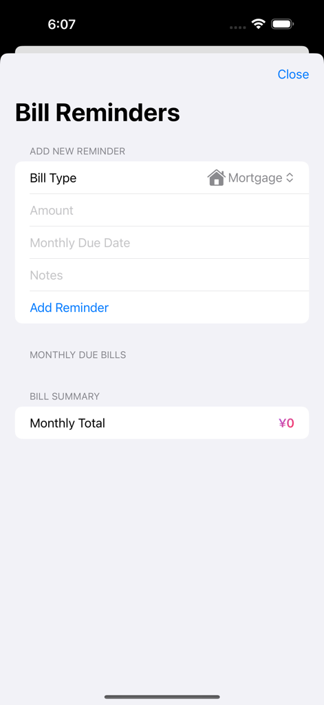 365-Day Savings - Tela de Lembretes de Contas no aplicativo 365-Day Savings para rastrear despesas mensais como hipotecas