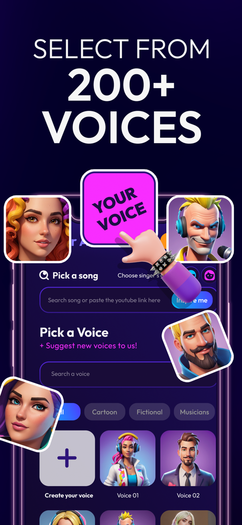 Interfaz de la aplicación que muestra más de 200 opciones de voz para covers de canciones con IA
