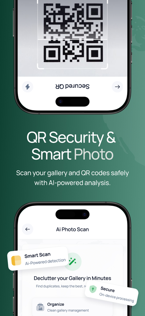 AVIRIS: Mobile Security, VPN - AVIRIS app screen showing secure QR scanner and AI powered photo gallery cleanup for mobile privacy and storage management