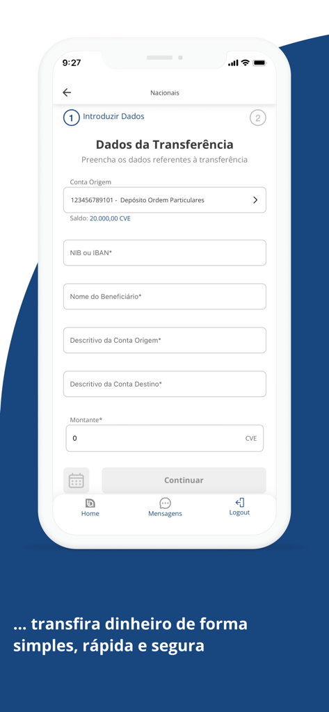 BCADirecto Mobile banking app money transfer screen for Cape Verdean Escudo transactions