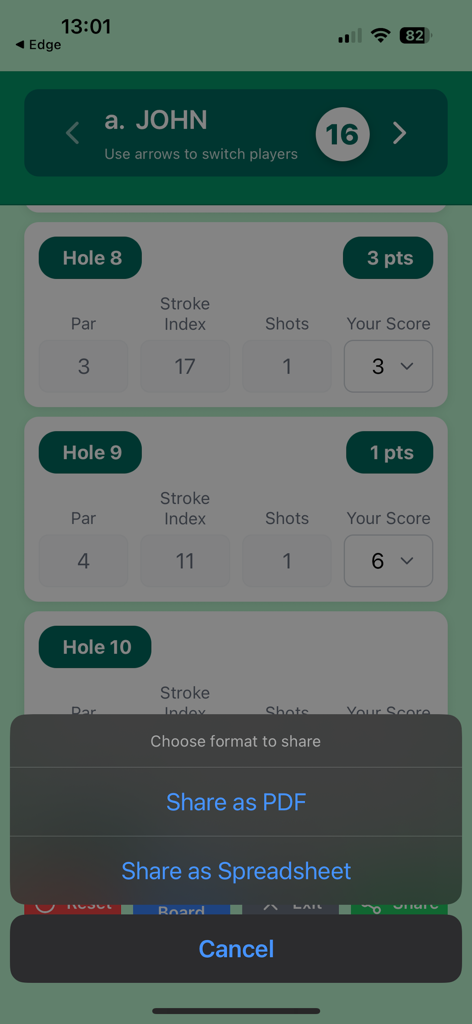 Shots2Points app interface showing golf scorecard sharing options as PDF or Spreadsheet