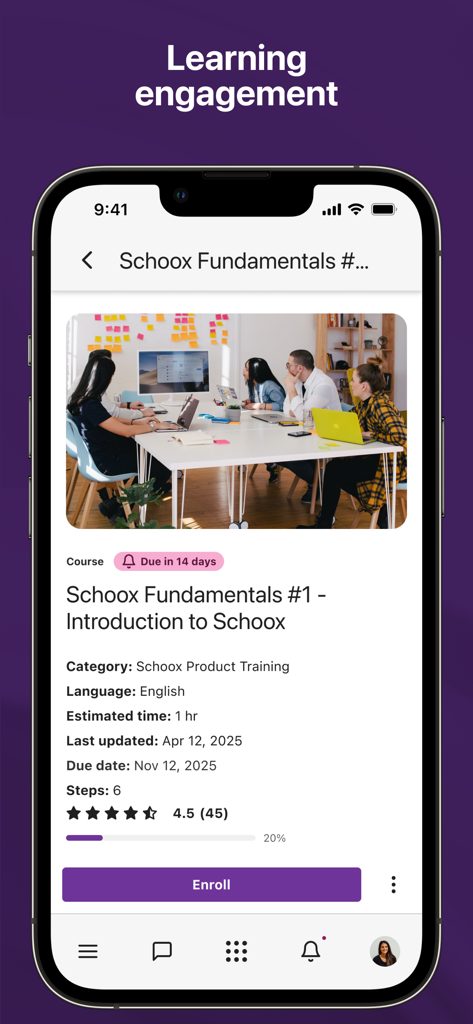 Schoox - Schoox mobile app interface showing a training course module with an enroll button