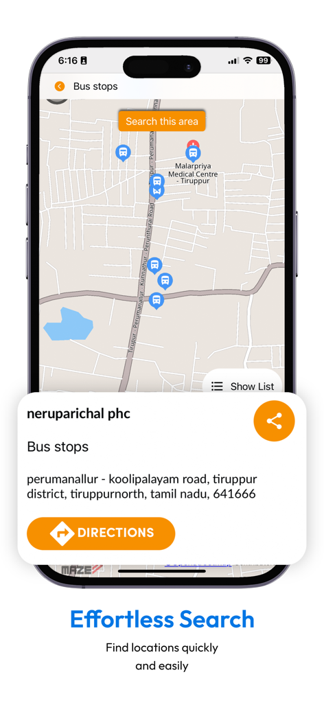 Offline Map Navigation app interface showing search results for local bus stops and directions