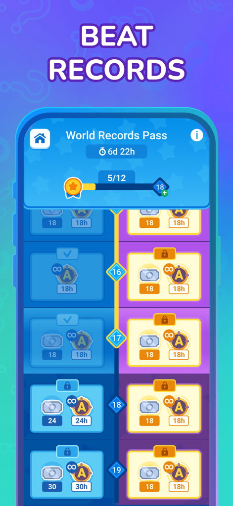 Worder: Logic Word Search Game - World Records Pass screen in Worder game showing level progression and rewards