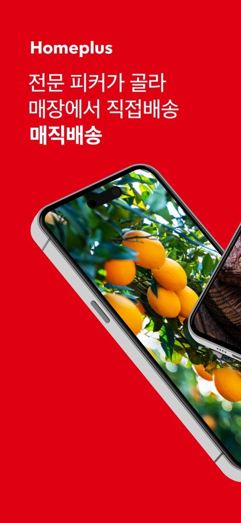 La aplicación Homeplus muestra el servicio de entrega mágica con naranjas frescas en la pantalla de un smartphone