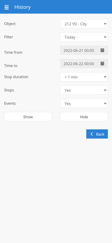 AYUN GPS SERVER history screen showing filters for object tracking time periods and stop durations