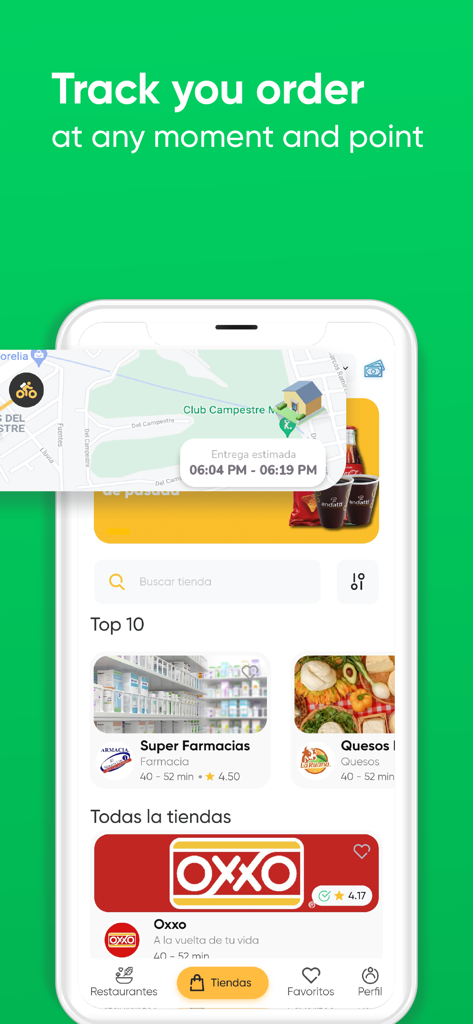 876get - Mobile screen of the 876get app showing a real-time delivery tracking map and a list of available local stores
